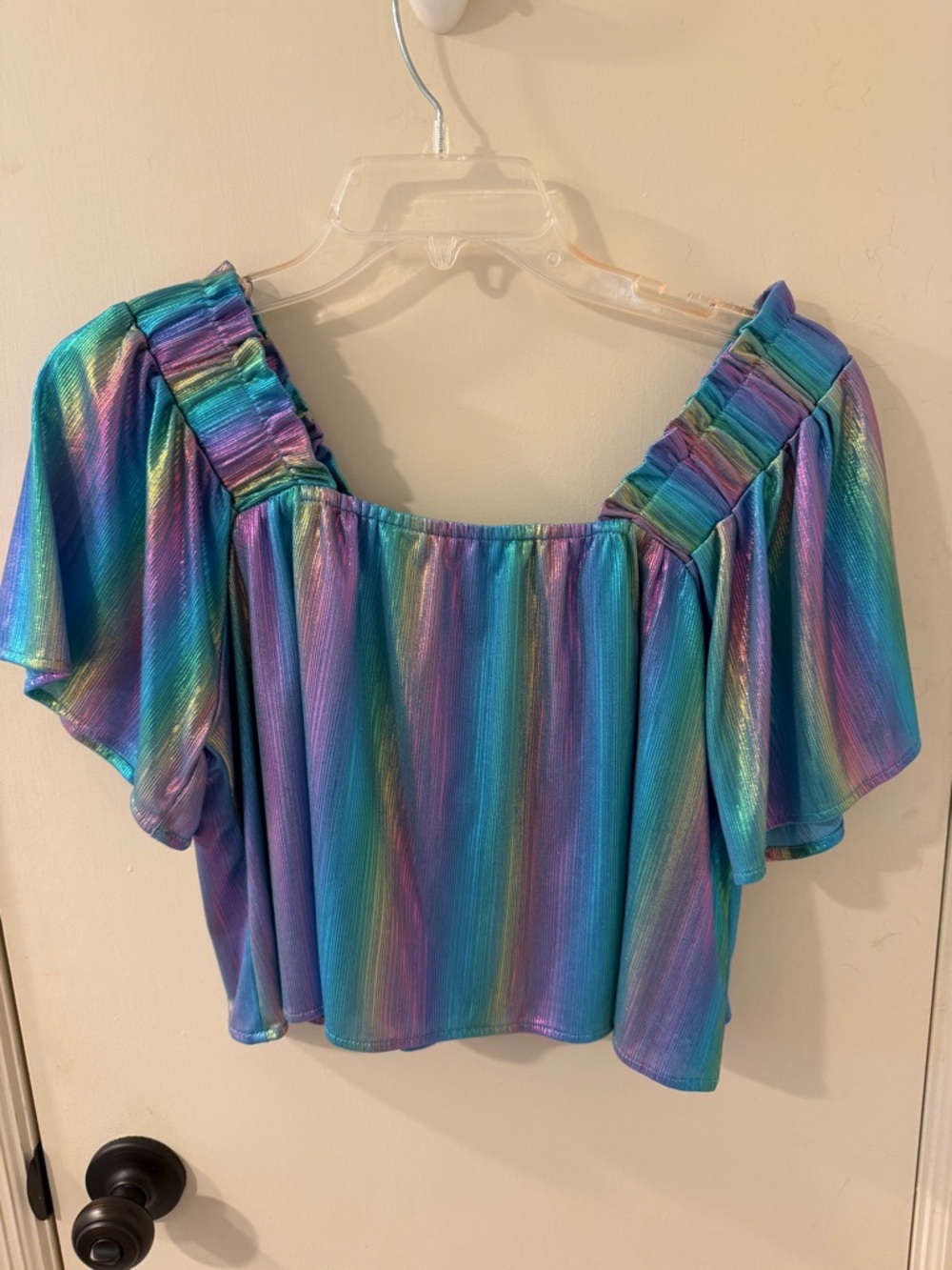 QUEEN OF SPARKLES Iridescent Multicolor Off-Shoulder Crop Top